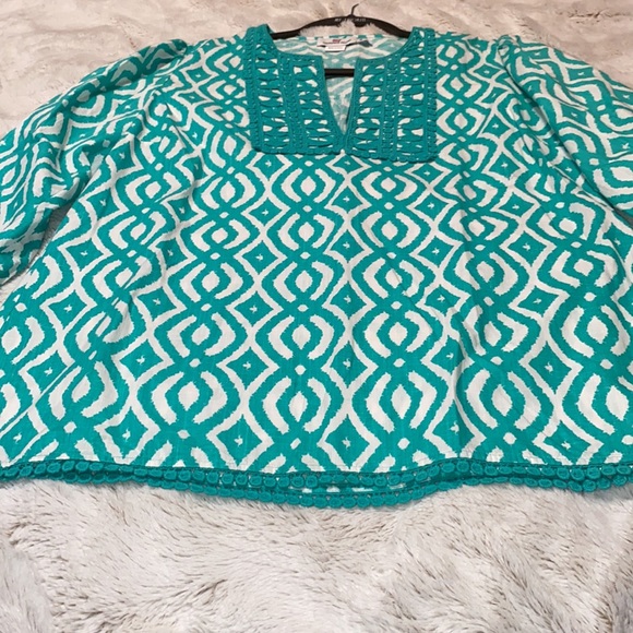 Vineyard Vines Scribble Lattice V-Neck Teal Tunic Top Blouse 100% Cotton - Picture 8 of 9